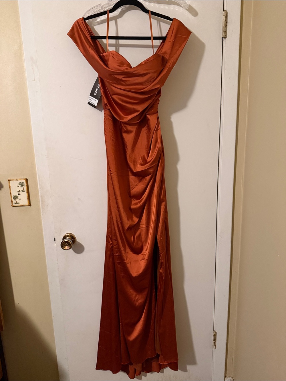 Rust Satin Off Shoulder Formal Dress